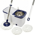 Spin mop set with a double-bucket design, one for clean water and one for dirty water.