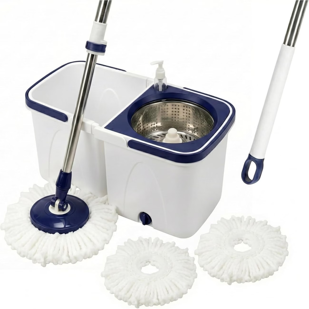 Spin mop set with a double-bucket design, one for clean water and one for dirty water.