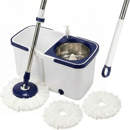 Spin mop set with a double-bucket design, one for clean water and one for dirty water.