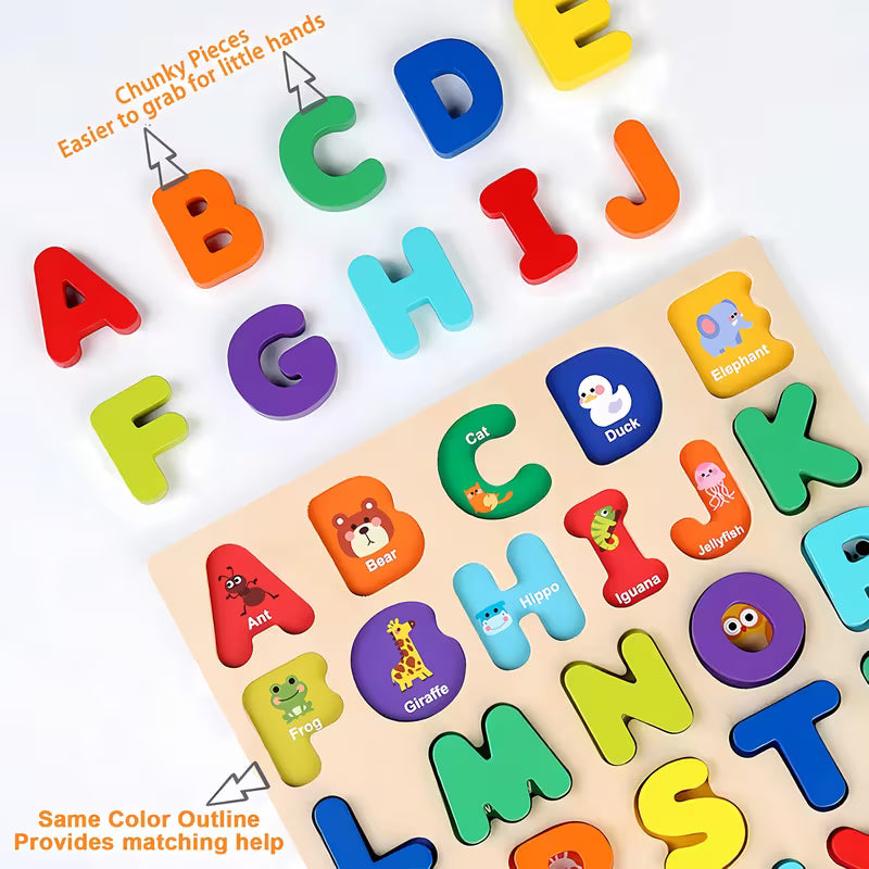 Mixed-color wooden letter and number puzzle
