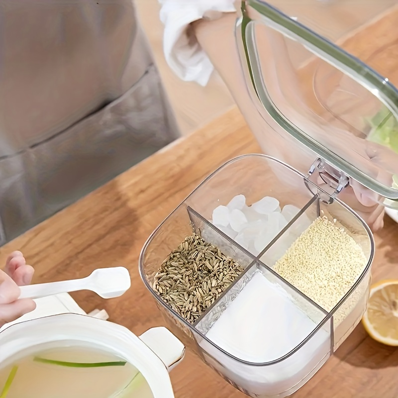 One four-layer transparent plastic spice box with a lid.
