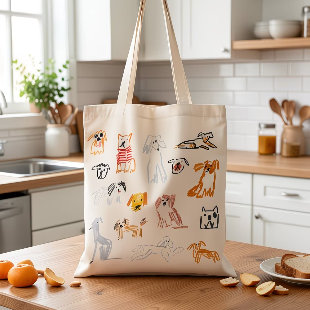 1 whimsical dog illustration canvas handbag