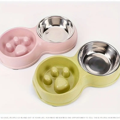 2-in-1 stainless steel slow feed/water bowl, suitable for dogs.