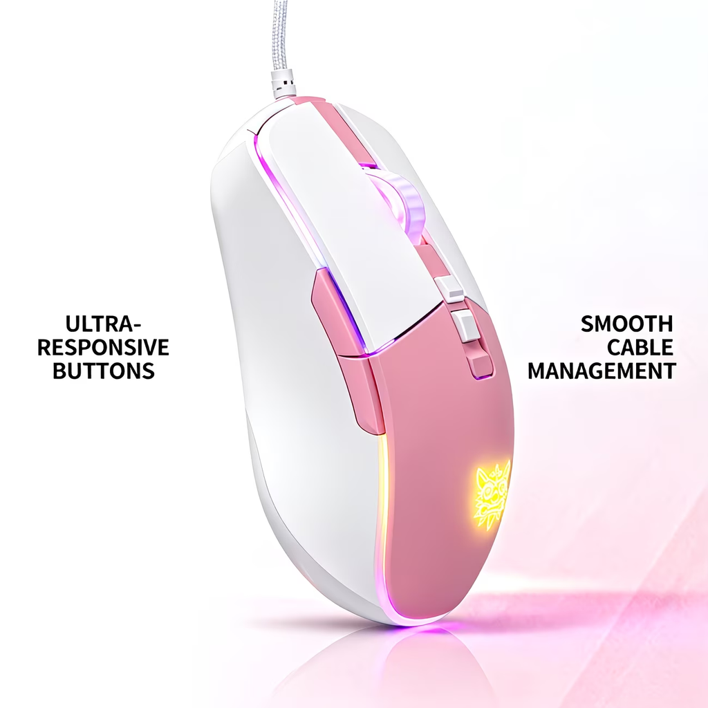 RGB gaming wired mouse with 7-key programmable quick adjustment, ergonomic design, pink light, USB power supply