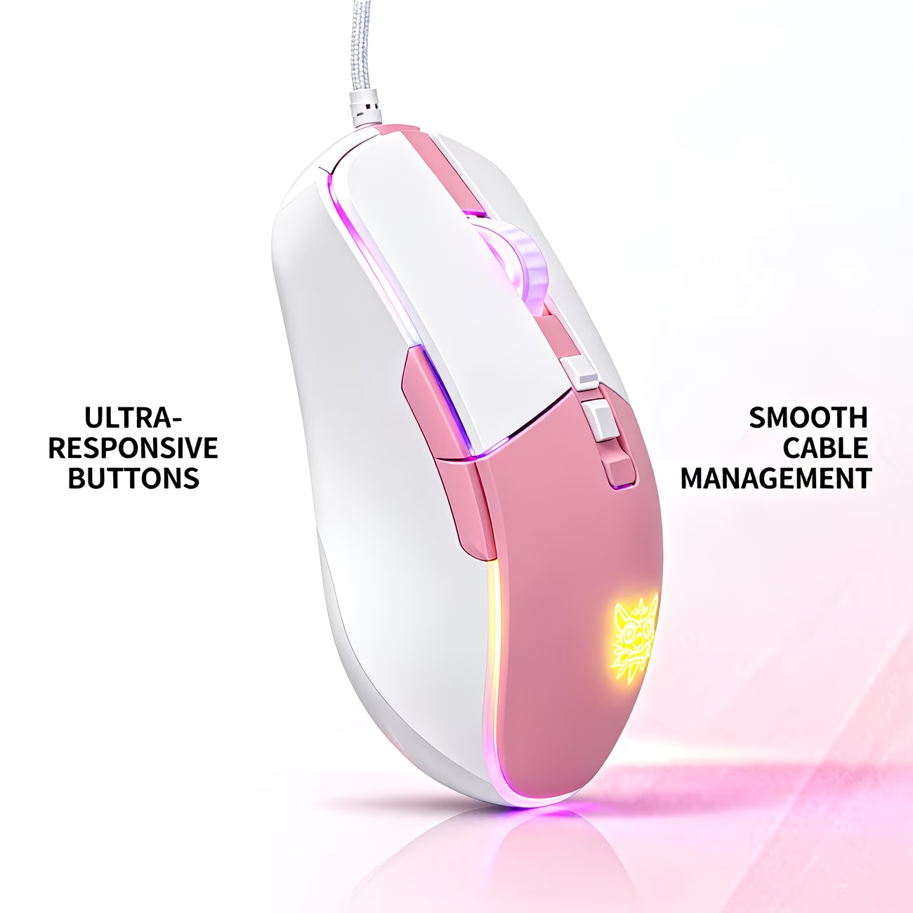 RGB gaming wired mouse with 7-key programmable quick adjustment, ergonomic design, pink light, USB power supply
