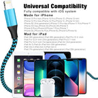 IPhone Charger 3-Piece Set 6FT USB Lightning Cable MFi Certified Fast Charging Nylon Braided