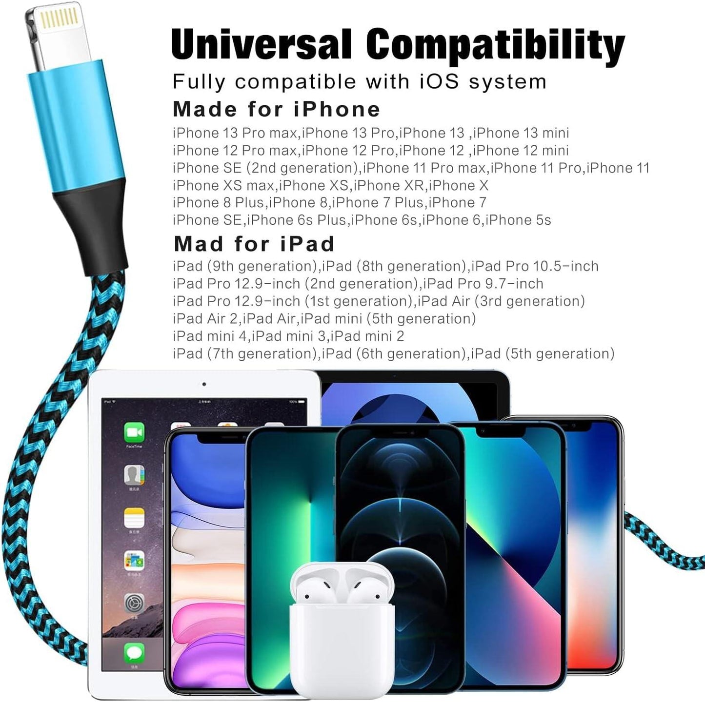 IPhone Charger 3-Piece Set 6FT USB Lightning Cable MFi Certified Fast Charging Nylon Braided