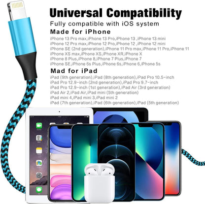 IPhone Charger 3-Piece Set 6FT USB Lightning Cable MFi Certified Fast Charging Nylon Braided