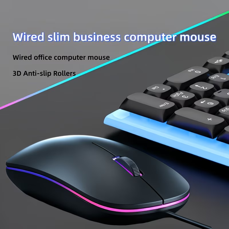 Portable seven color minimalist optical mouse with LED glare light, plug and play, anti slip scroll wheel, computer and laptop accessories