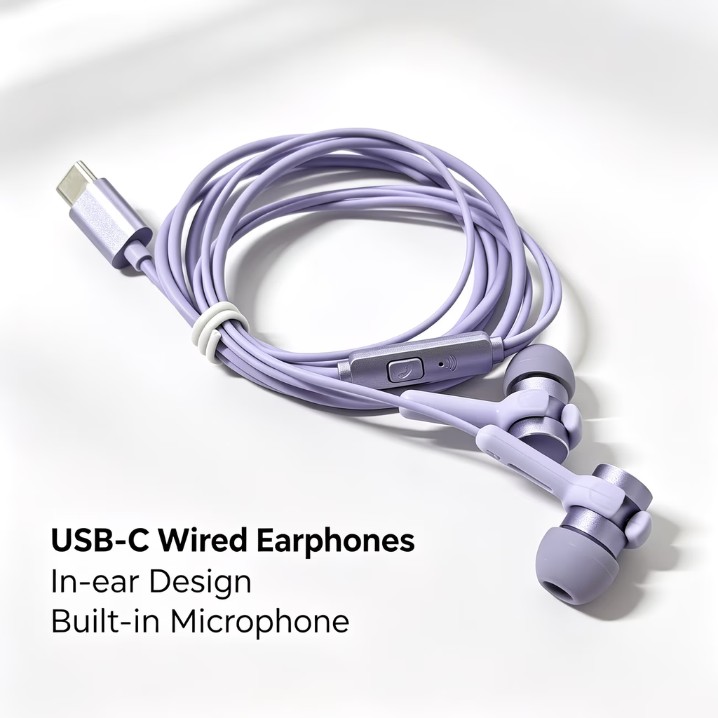 Type-C in ear purple noise cancelling wired earphones with high-definition sound quality/call noise cancelling function, portable