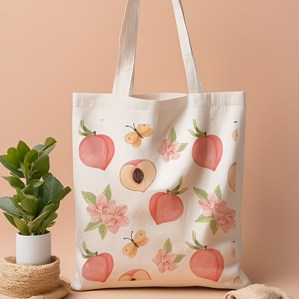 1 piece, peach blossom fruit canvas handbag, reusable grocery bag