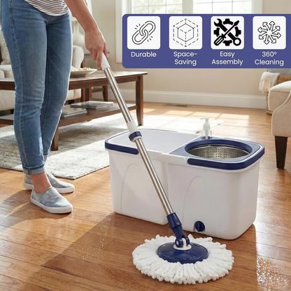 Spin mop set with a double-bucket design, one for clean water and one for dirty water.