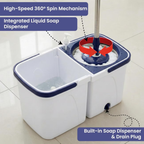 Spin mop set with a double-bucket design, one for clean water and one for dirty water.