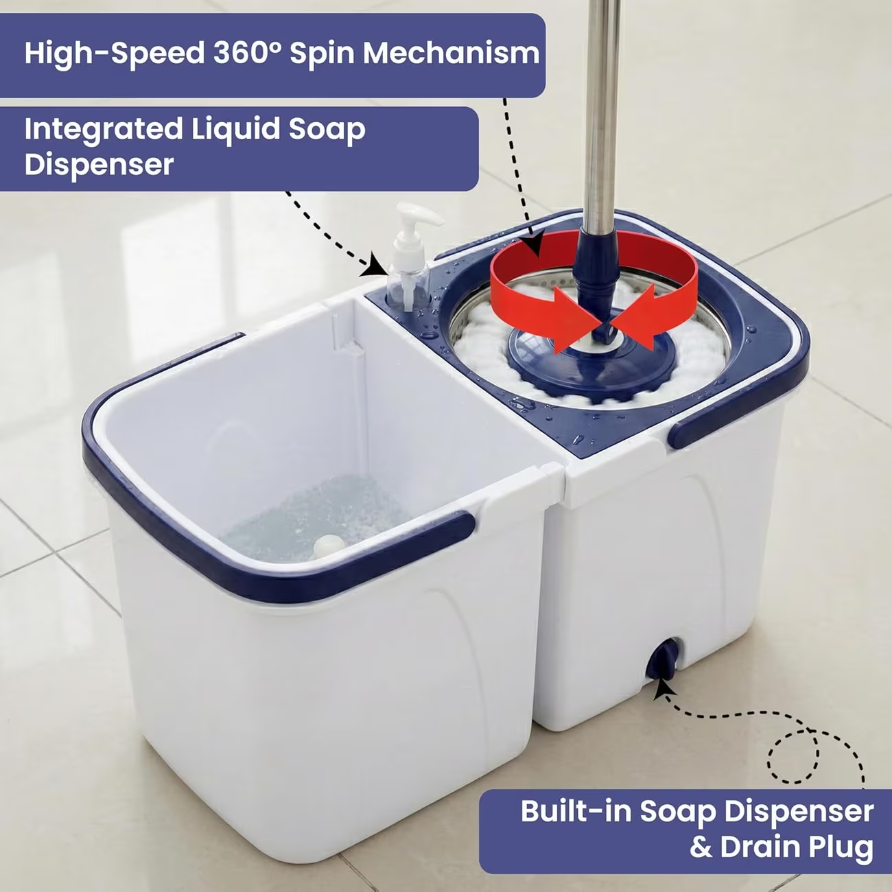 Spin mop set with a double-bucket design, one for clean water and one for dirty water.