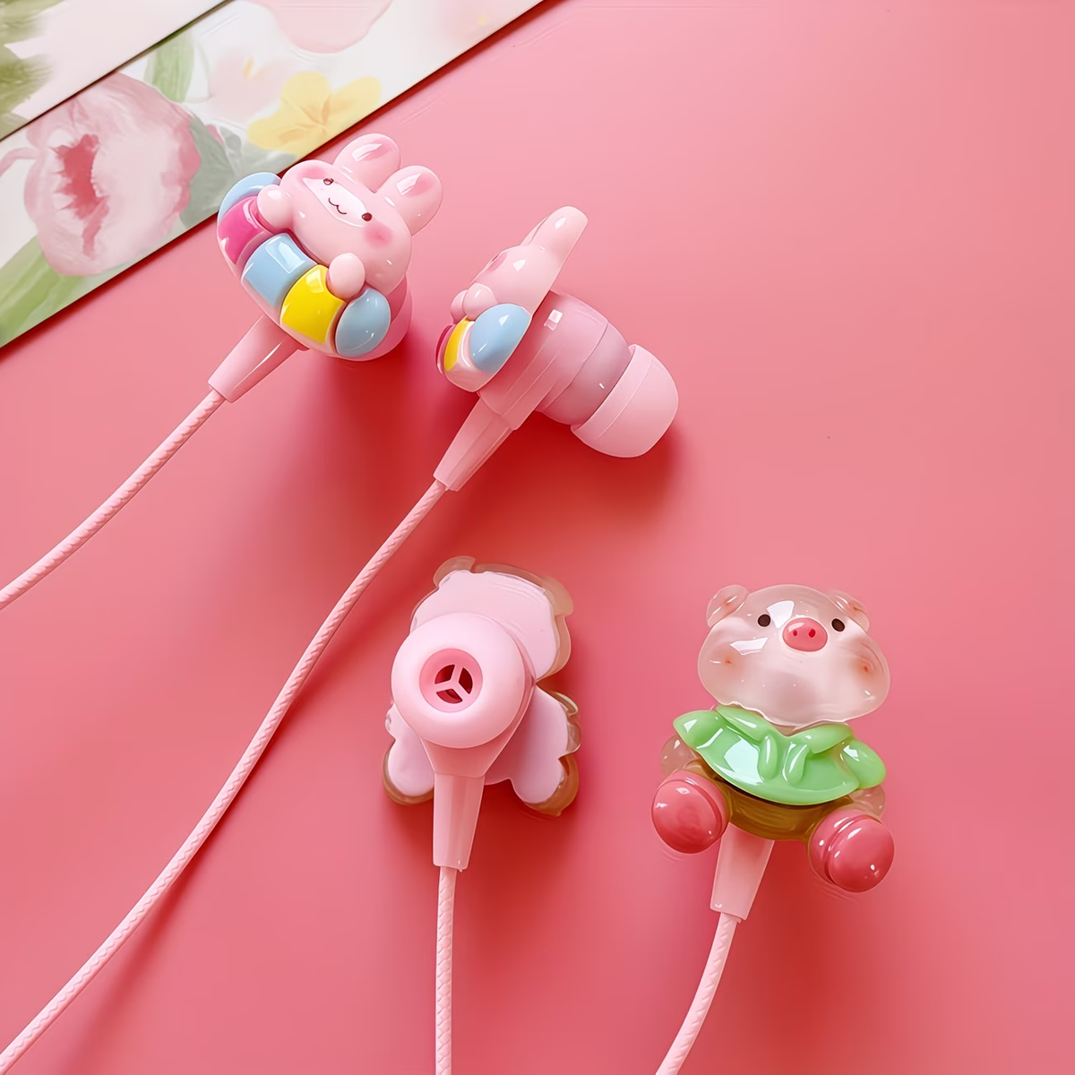 Pink new TYPE-C wired earphones with cute DIY cartoon jewelry, built-in microphone and volume adjustment