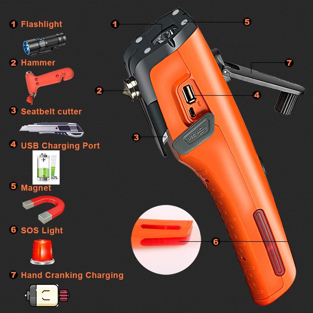 Orange 8-in-1 Car Safety Tool with Long-Lasting Flashlight & Rescue Window Breaker