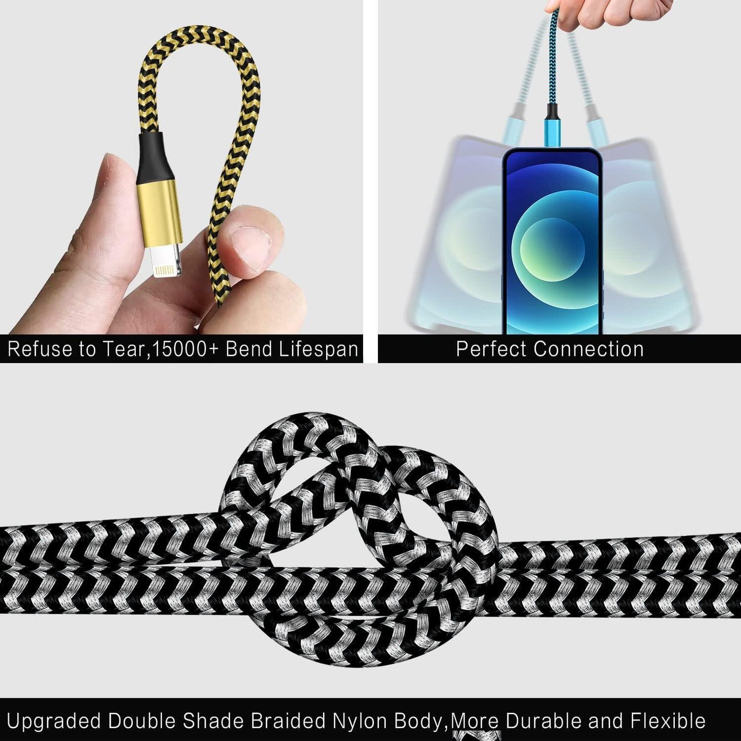 IPhone Charger 3-Piece Set 6FT USB Lightning Cable MFi Certified Fast Charging Nylon Braided