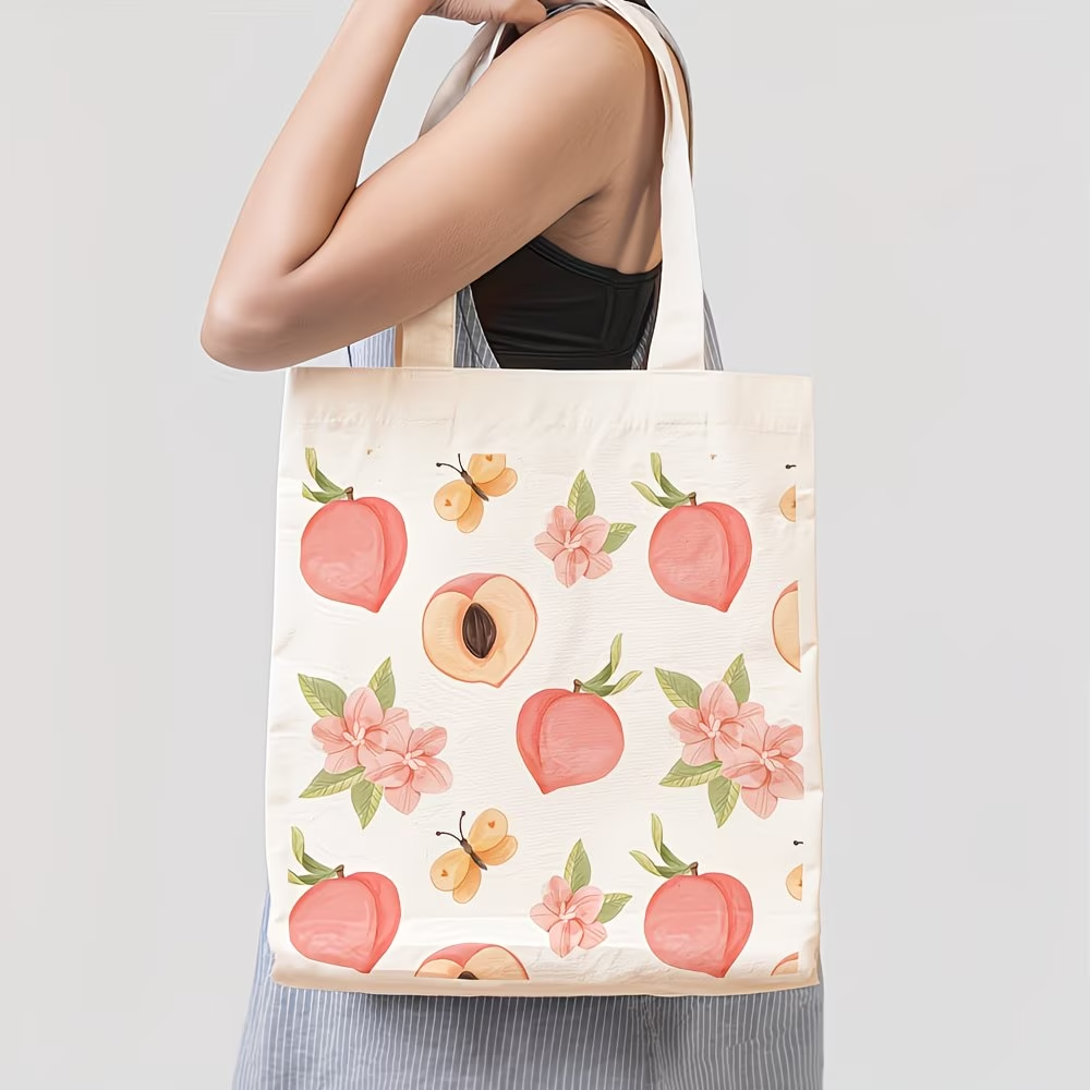 1 piece, peach blossom fruit canvas handbag, reusable grocery bag