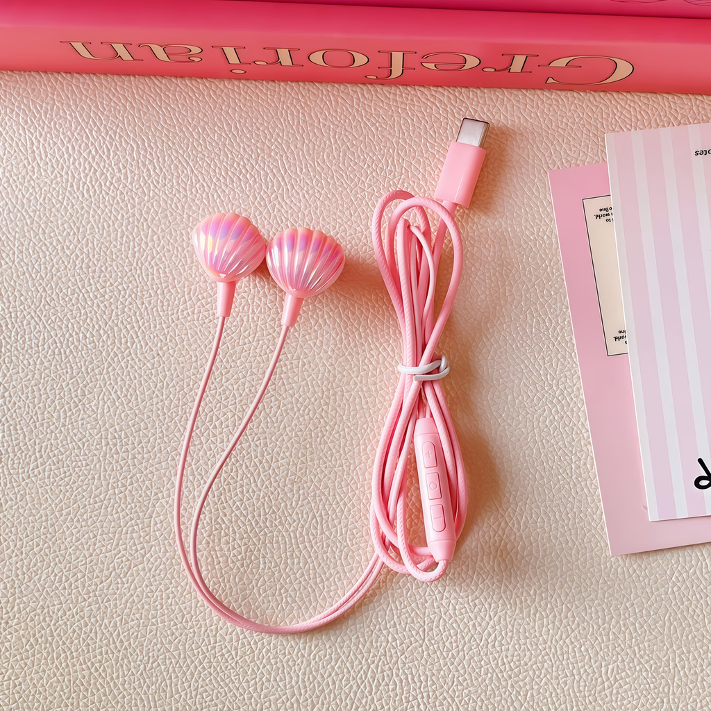 Type-C cartoon wired earphones with cute accessories, semi in ear pink earphones with built-in microphone and volume control