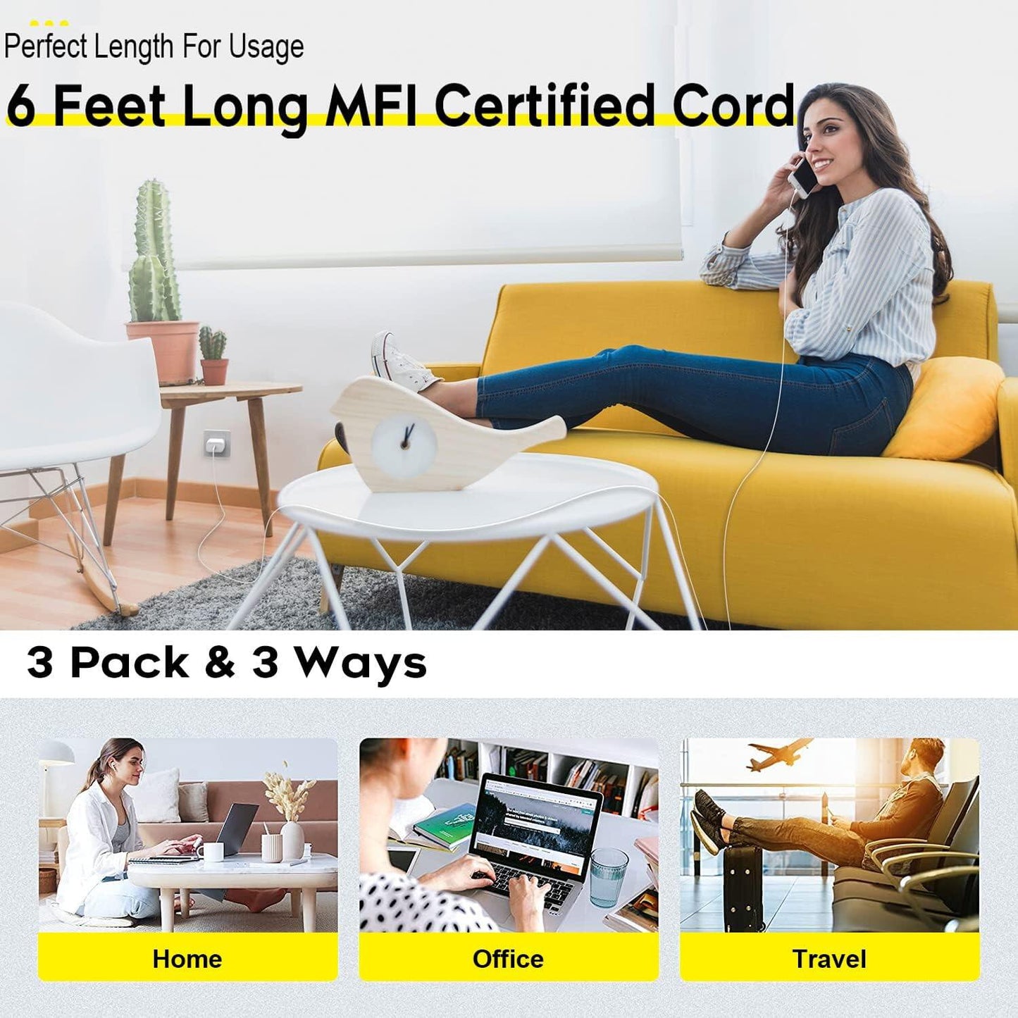 Quick charger for iPhone, iPhone charging cable, 3-pack iPhone charger for fast charging