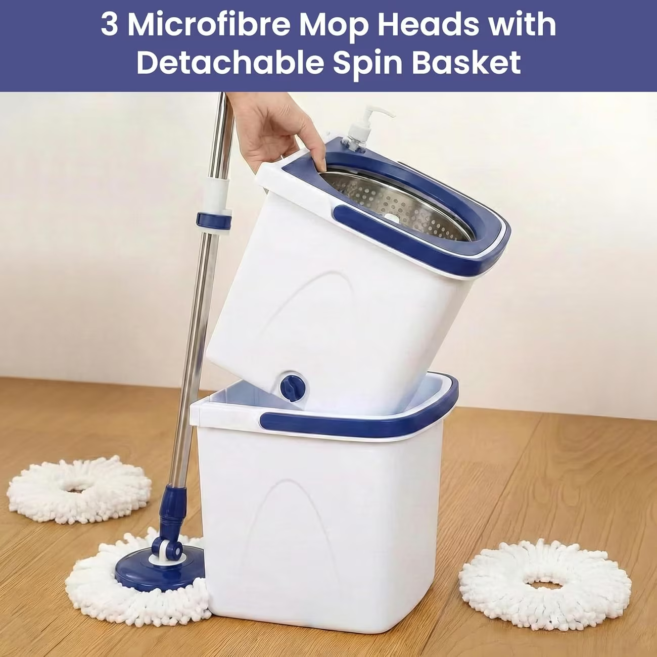 Spin mop set with a double-bucket design, one for clean water and one for dirty water.