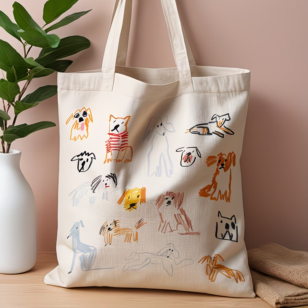 1 whimsical dog illustration canvas handbag