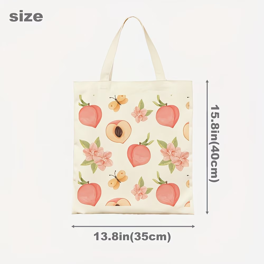 1 piece, peach blossom fruit canvas handbag, reusable grocery bag