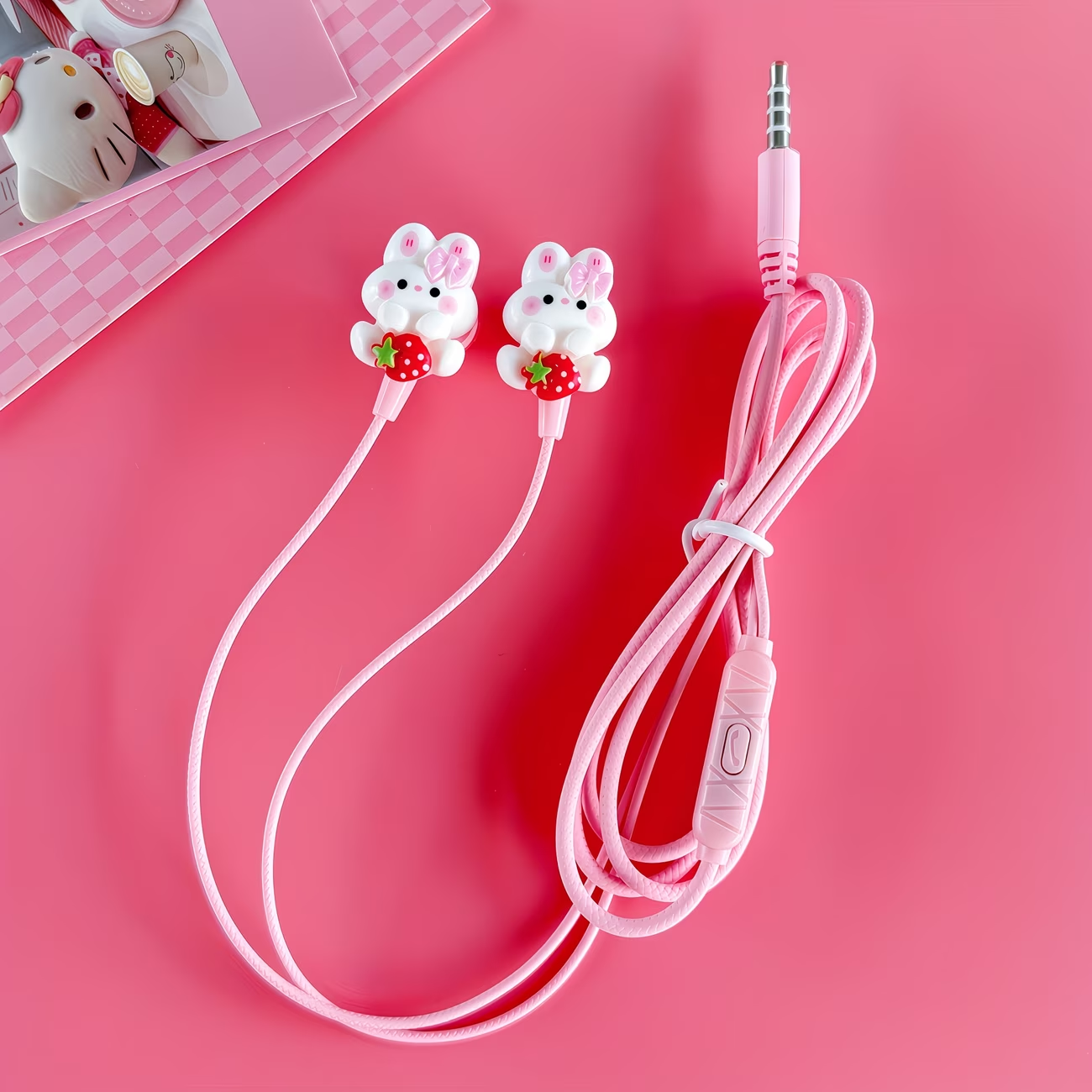 Wired earphones with DIY cute rabbit accessories, pink student earphones with microphone, clear sound quality