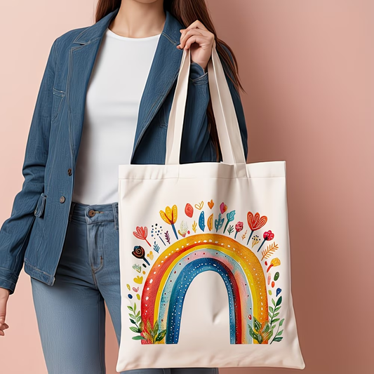 1 Rainbow Flower Canvas Handbag - Women's Reusable Grocery and Shoulder Bag