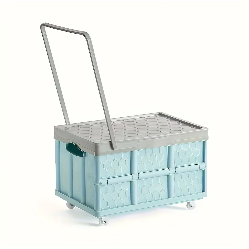 One portable clothing storage box with wheels and a pull rod.