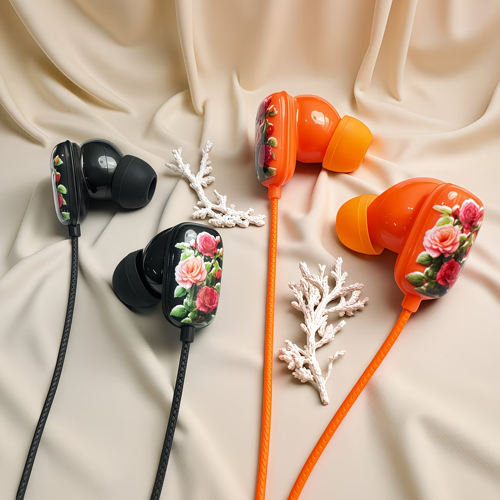 Novelty designed wired headphones, premium printed rose pattern, high-definition microphone, music adjustment, and volume control