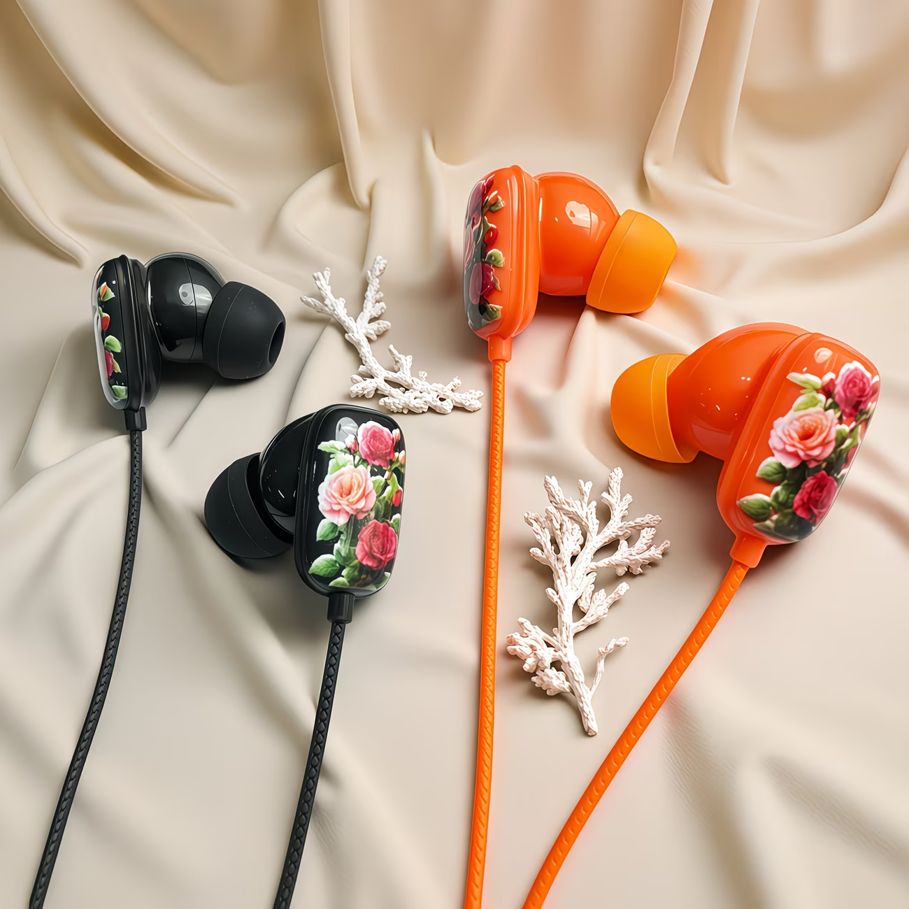 Novelty designed wired headphones, premium printed rose pattern, high-definition microphone, music adjustment, and volume control