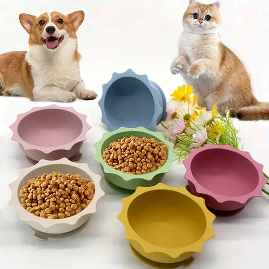 Silicone pet food bowl with suction cup base, anti-tipping cat feeder/water bowl