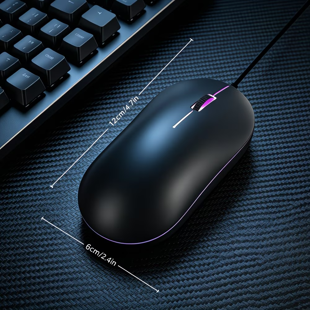 Portable seven color minimalist optical mouse with LED glare light, plug and play, anti slip scroll wheel, computer and laptop accessories