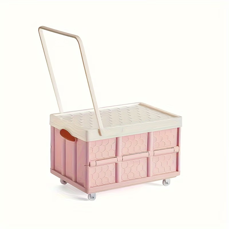 One portable clothing storage box with wheels and a pull rod.