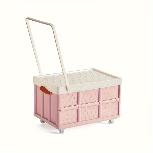 One portable clothing storage box with wheels and a pull rod.