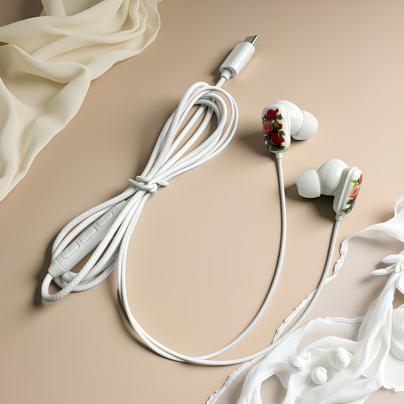 Novelty designed wired headphones, premium printed rose pattern, high-definition microphone, music adjustment, and volume control