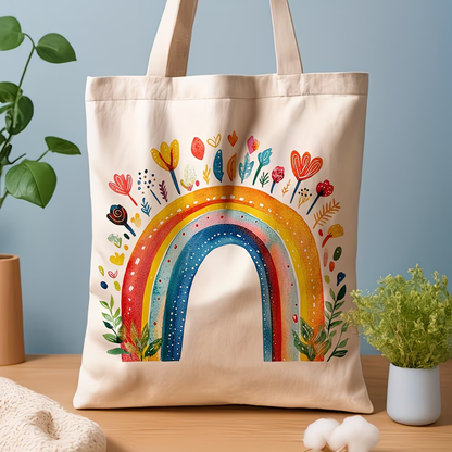 1 Rainbow Flower Canvas Handbag - Women's Reusable Grocery and Shoulder Bag