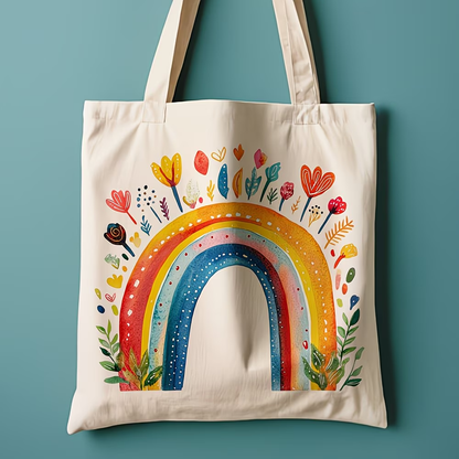 1 Rainbow Flower Canvas Handbag - Women's Reusable Grocery and Shoulder Bag