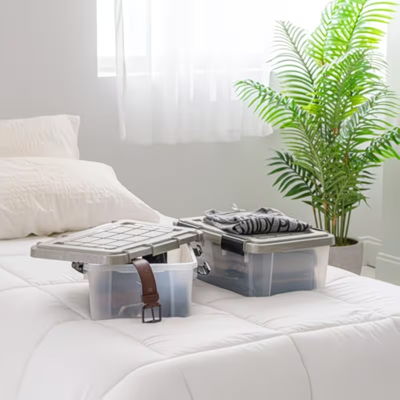 Four heavy-duty, BPA-free storage boxes with sealing lids and secure latches.