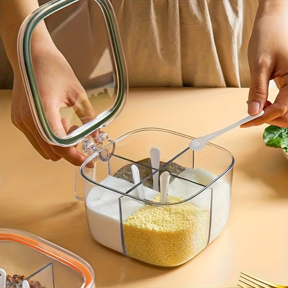 One four-layer transparent plastic spice box with a lid.