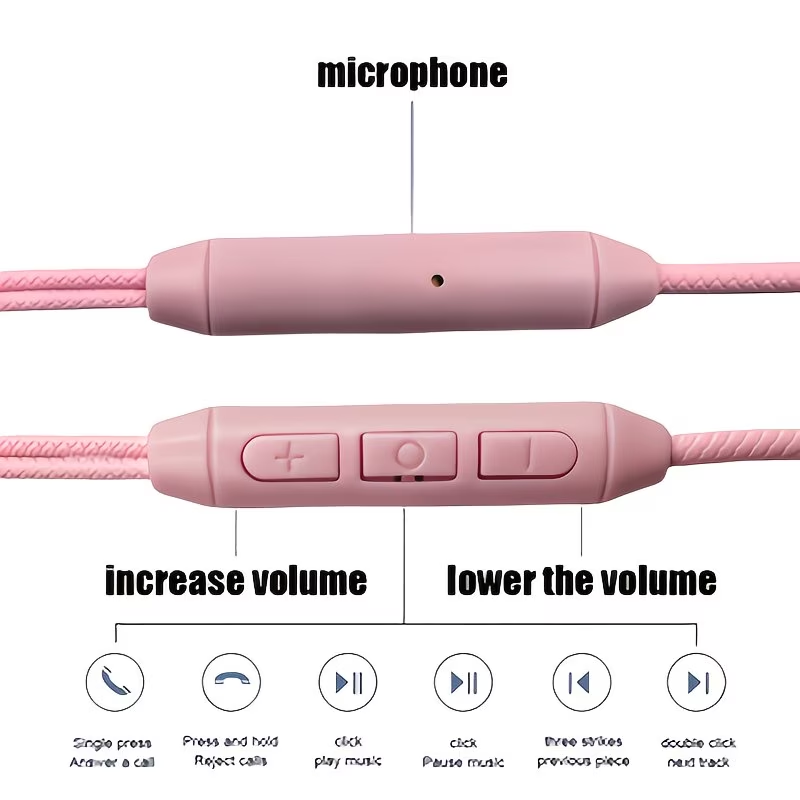 Type-C cartoon wired earphones with cute accessories, semi in ear pink earphones with built-in microphone and volume control