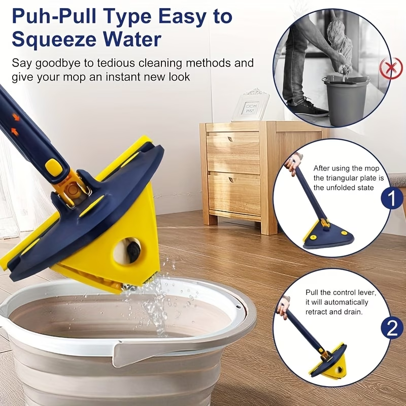 360° rotating triangular mop, adjustable and extendable.