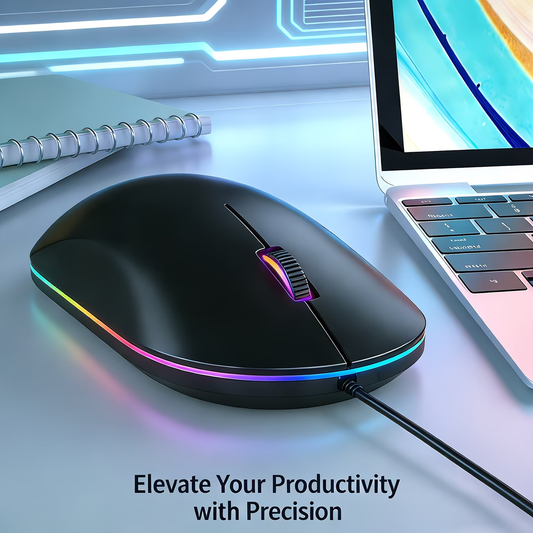 Portable seven color minimalist optical mouse with LED glare light, plug and play, anti slip scroll wheel, computer and laptop accessories