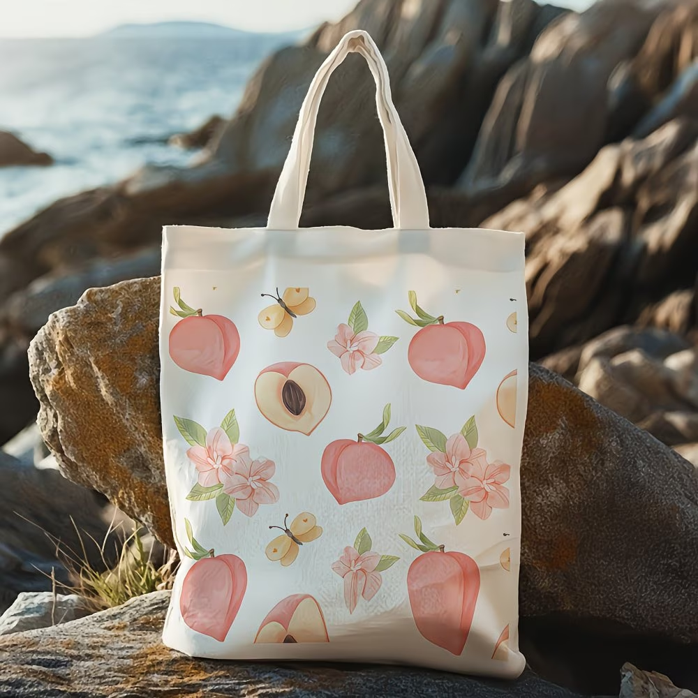 1 piece, peach blossom fruit canvas handbag, reusable grocery bag