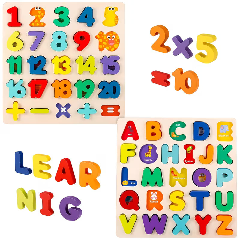 Mixed-color wooden letter and number puzzle