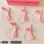 Type-C cartoon wired earphones with cute accessories, semi in ear pink earphones with built-in microphone and volume control