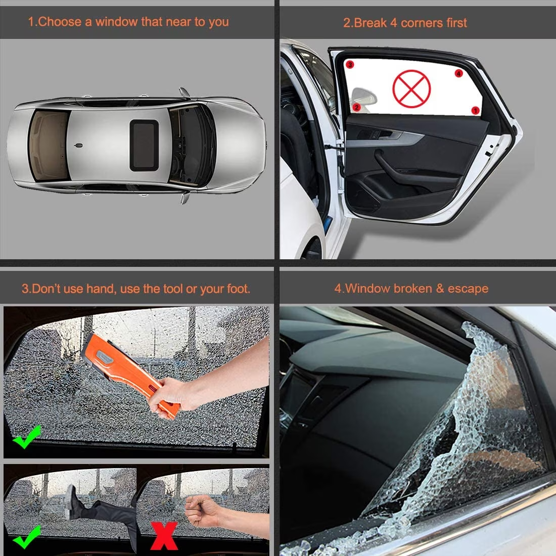 Orange 8-in-1 Car Safety Tool with Long-Lasting Flashlight & Rescue Window Breaker