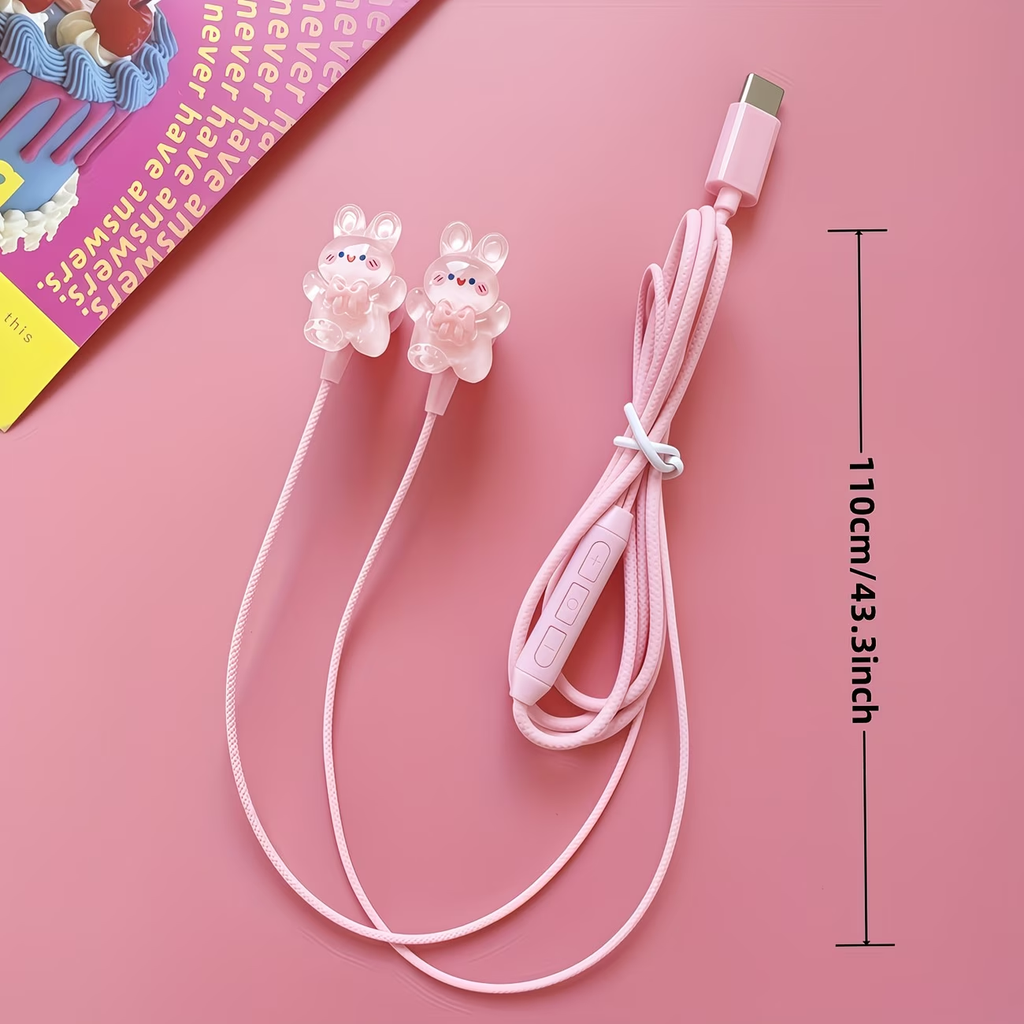 Pink new TYPE-C wired earphones with cute DIY cartoon jewelry, built-in microphone and volume adjustment