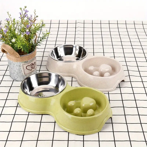 2-in-1 stainless steel slow feed/water bowl, suitable for dogs.